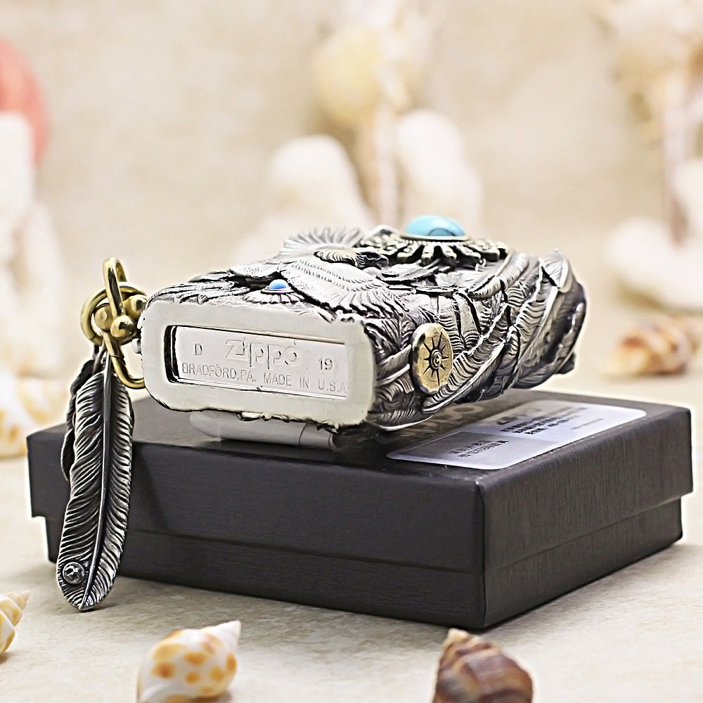 Zippo 3D Engraved Eagle Feathers & Turquoise 205-DS357