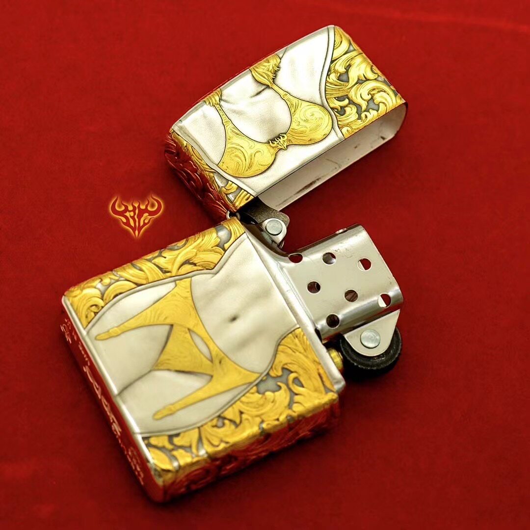 Zippo Armor Sterling Silver Luxury Collector's Lighter - 24K Gold-Accented Bikini Lady & Vintage Arabesque