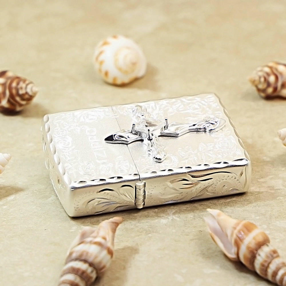 Zippo Silver-Plated with Rose & Compass Engraving and Cross Emblem DS191