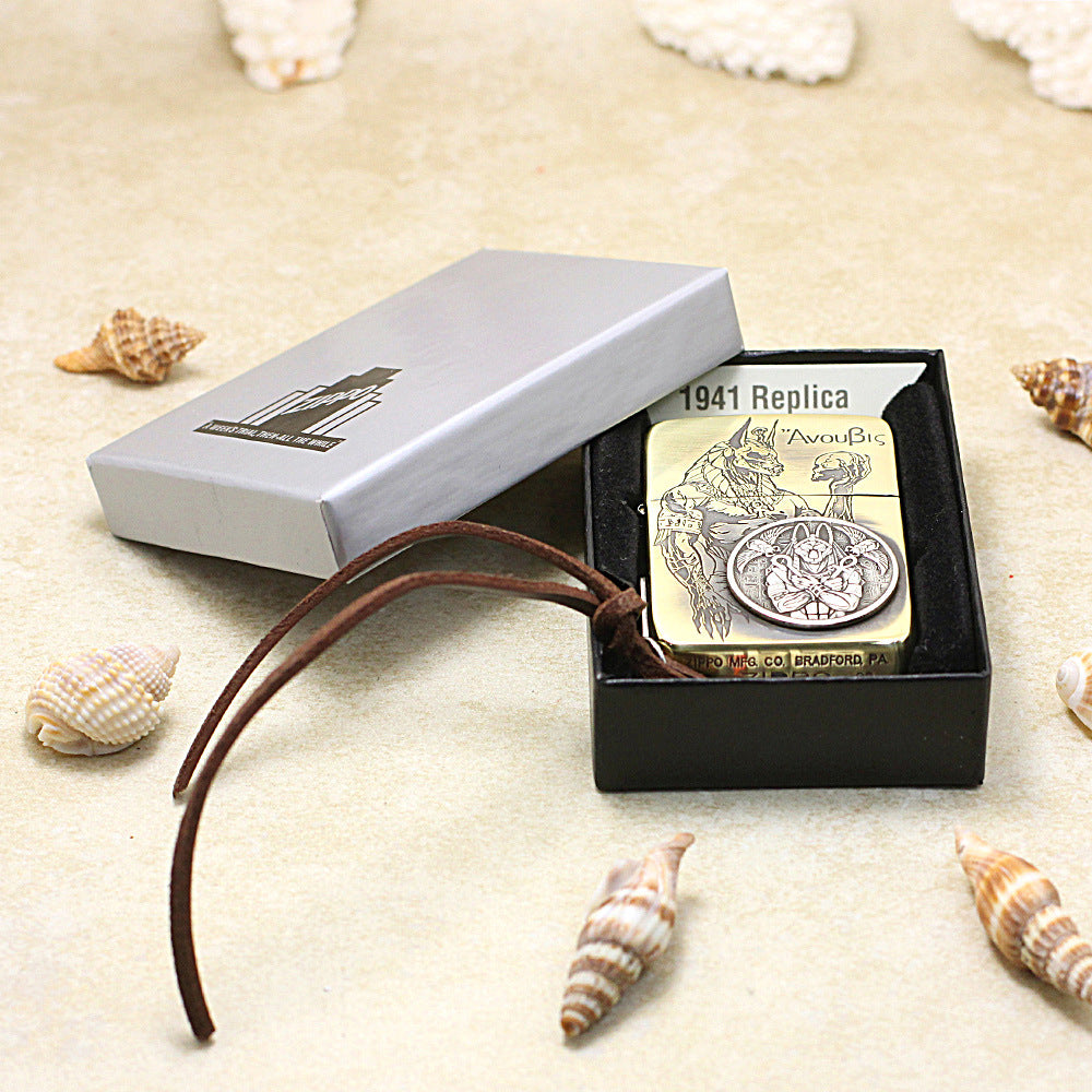 Zippo 1941 Replica Antique Brass Engraved Anubis Silver Coin - CC124
