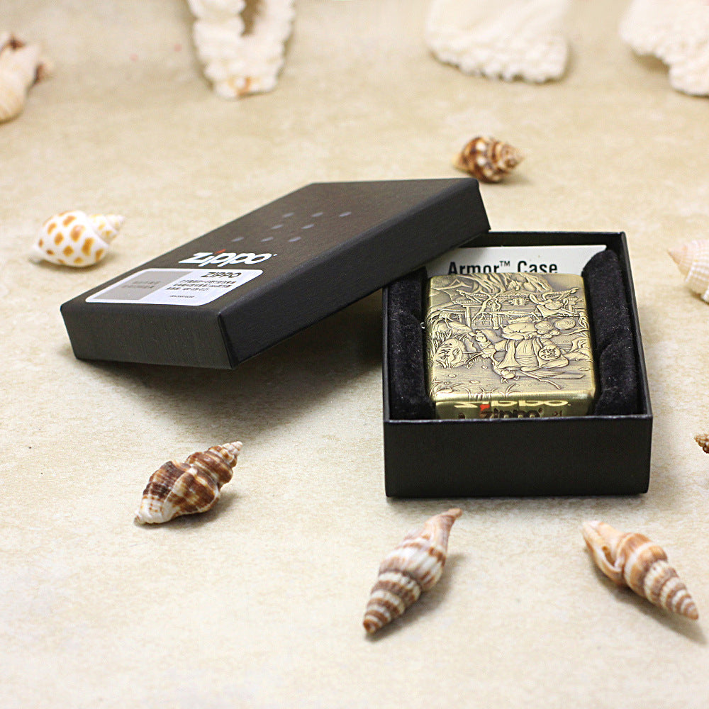 Zippo Antique Brass Deep Carved Cat Scholar Nie Xiaoqian Relief - CC129