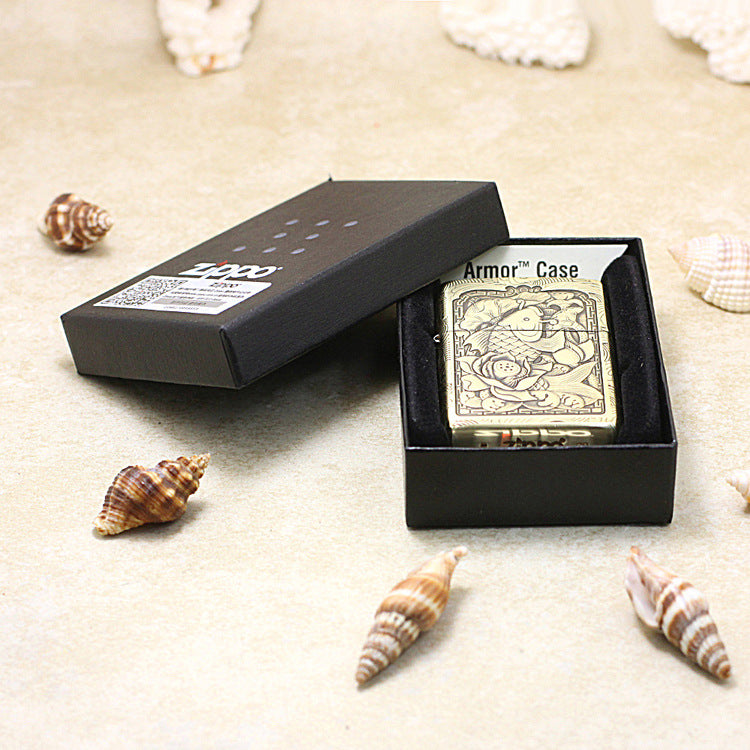 Zippo Antique Brass Deep Carved Koi Fish and Lotus Relief - CC142