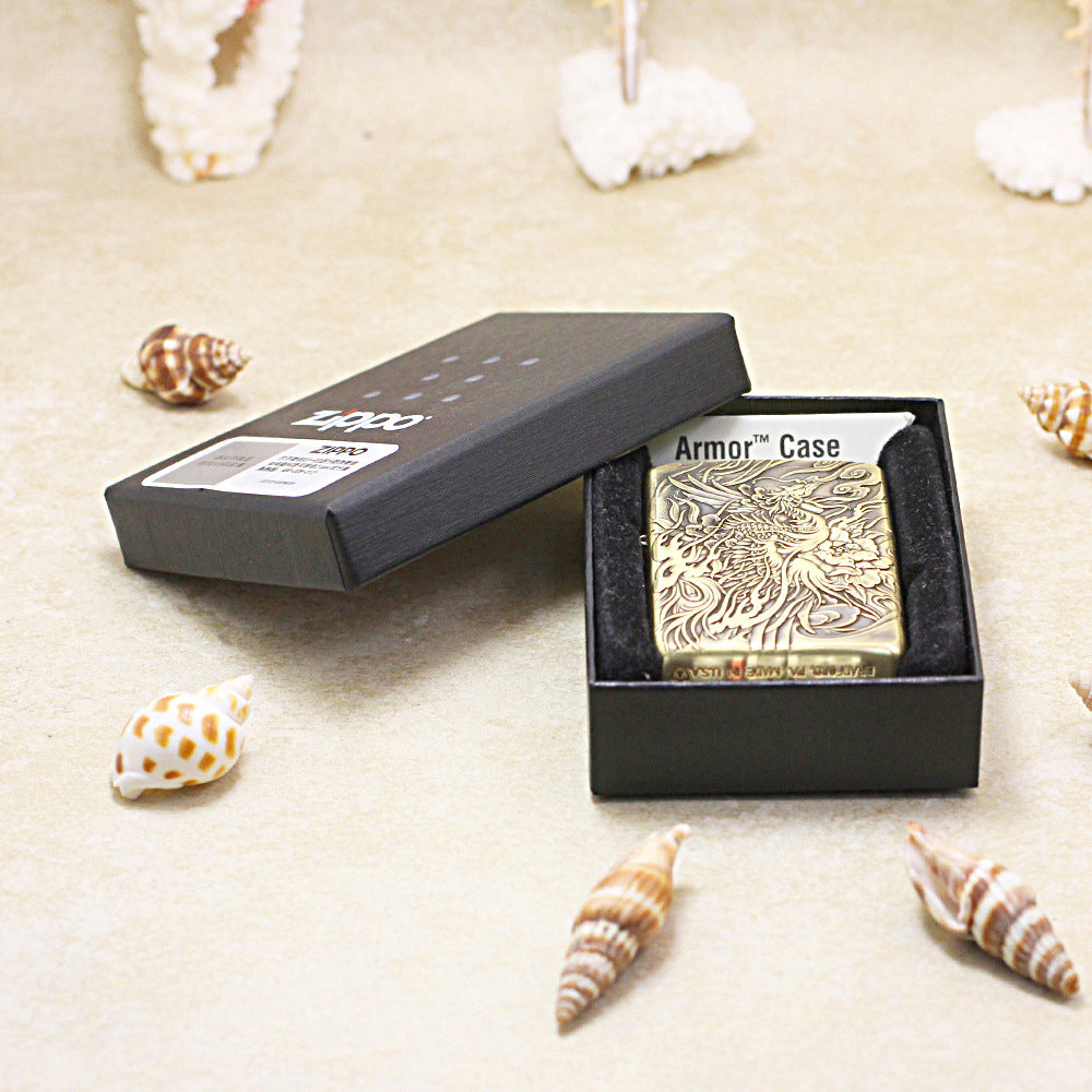 Zippo Antique Brass Full Engraved Phoenix and Peony Relief - CC113