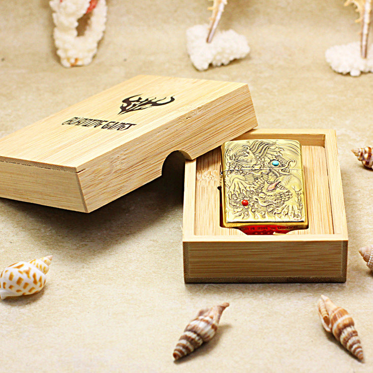 Zippo Antique Brass Full Engraved Pixiu Double Gemstone - CC112