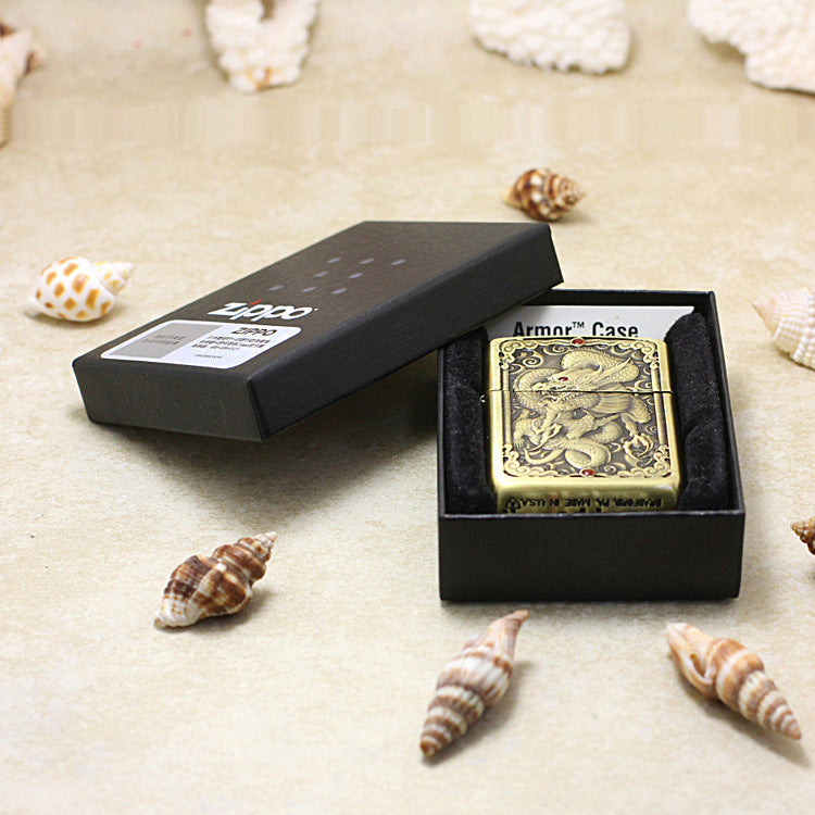 Zippo Armor Antique Brass Deep Carved Double Dragon Relief - CC126