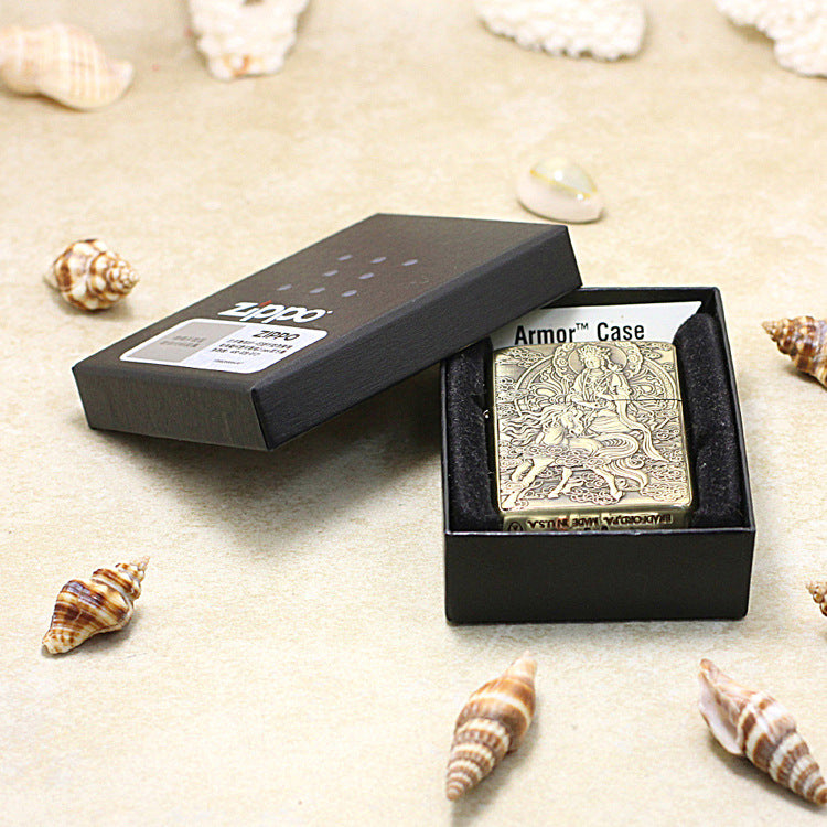 Zippo Armor Antique Brass Deep Carved Guardian Buddha Riding Horse - CC138