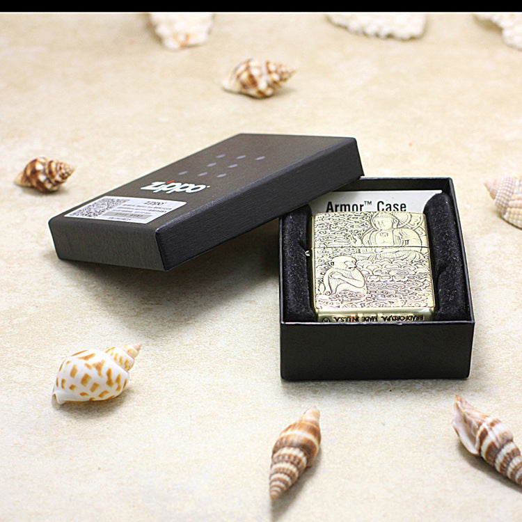 Zippo Armor Antique Brass Deep Carved Guardian Buddha and Monkey - CC116