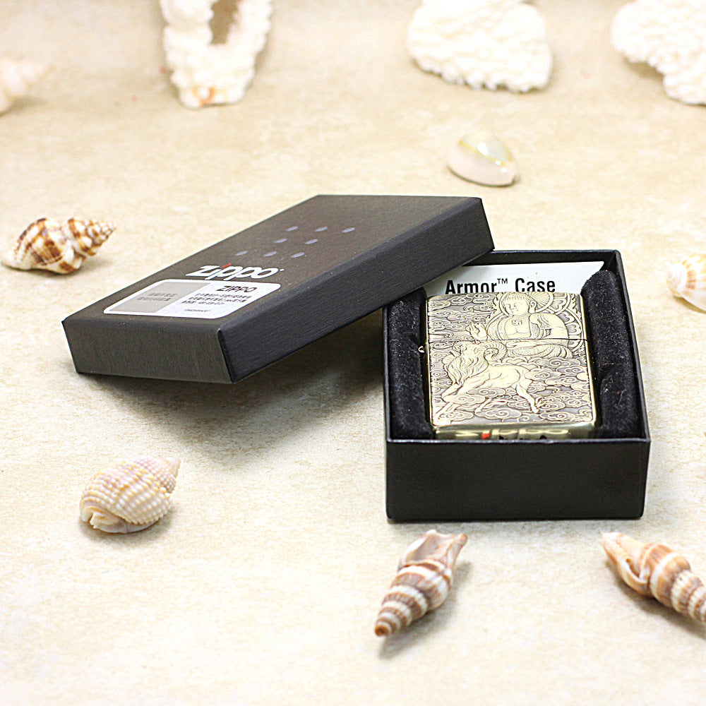 Zippo Armor Antique Brass Deep Carved Guardian Buddha and Ram - CC140