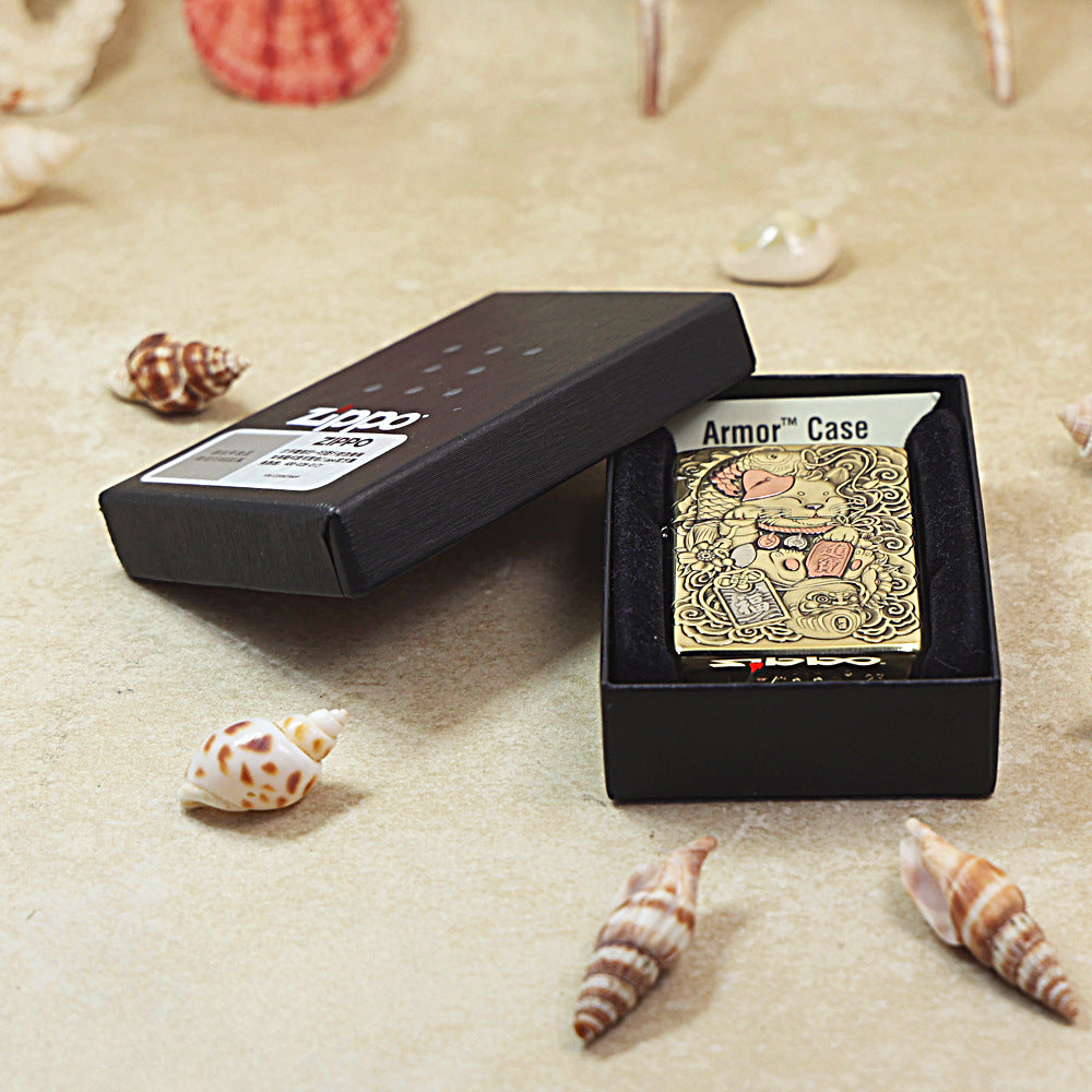 Zippo Armor Antique Brass 'Maneki-Neko Fortune Cat' - CC25