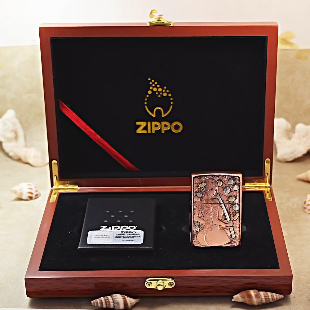 Zippo Copper Finish Intricate Engraved Female Warrior and Katana - CM13