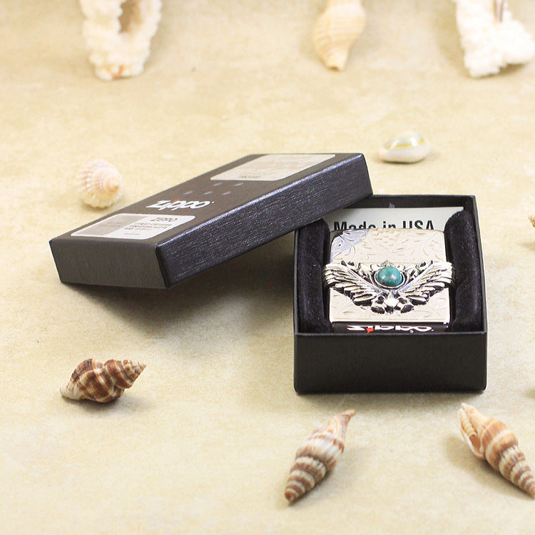 Zippo Hand-Carved Wing Emblem with Turquoise Inlay - JP72