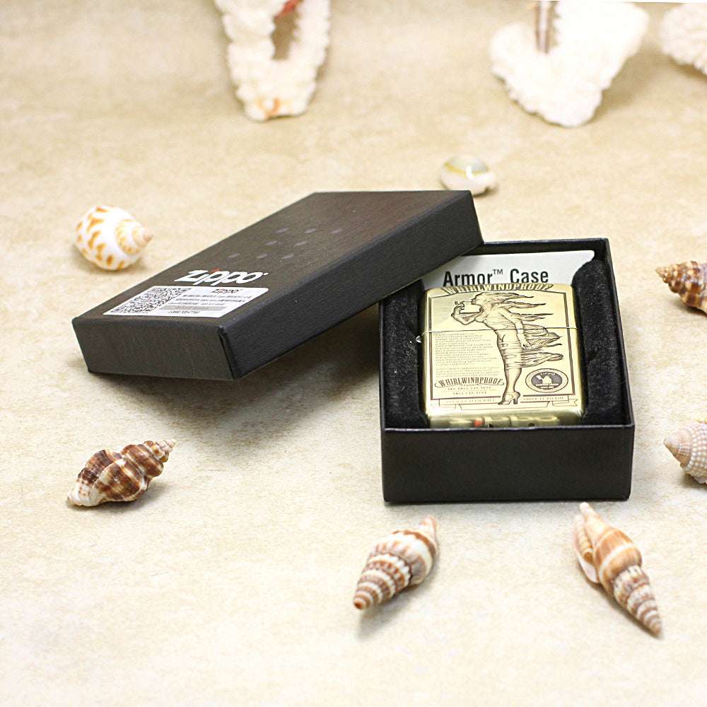 Zippo Premium Shine Bronze Intricate Chiseled Whirlwindproof Pin-Up Maiden - CC149