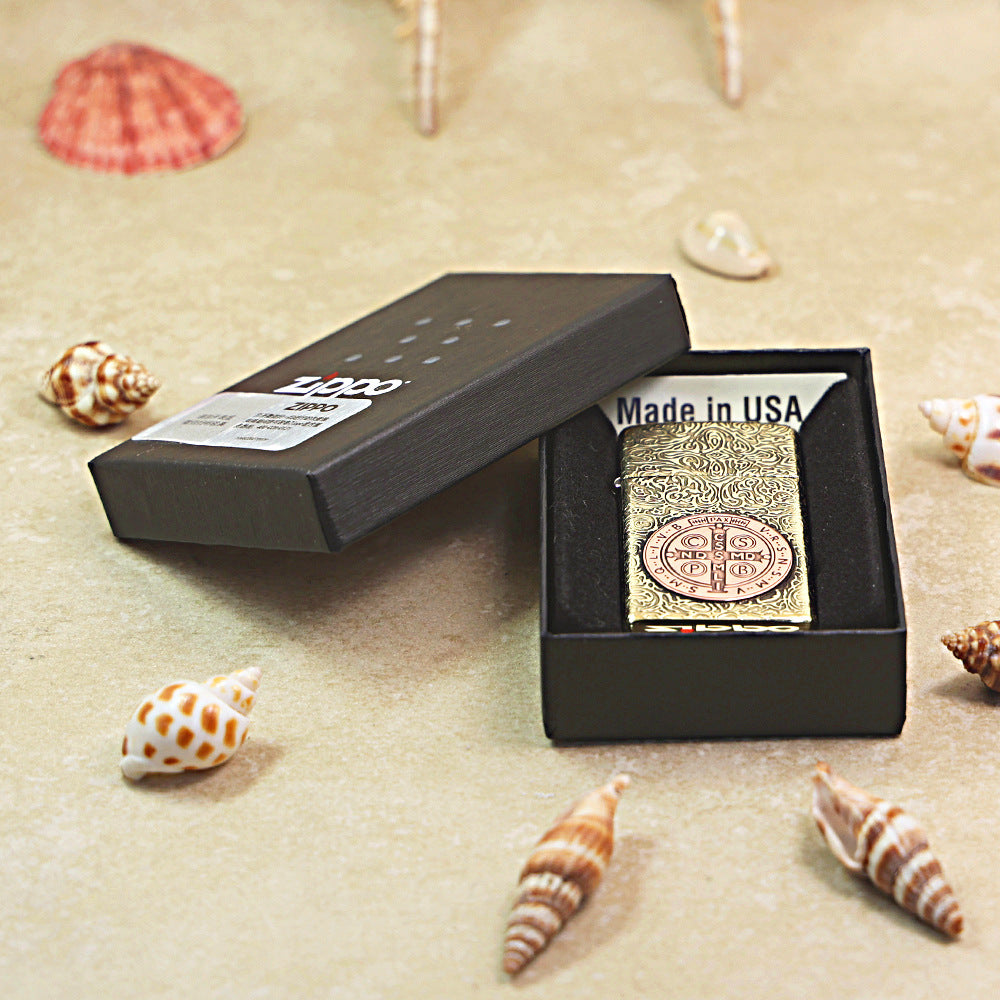 Zippo High Polish Brass St. Benedict Medal Inlay - CC58