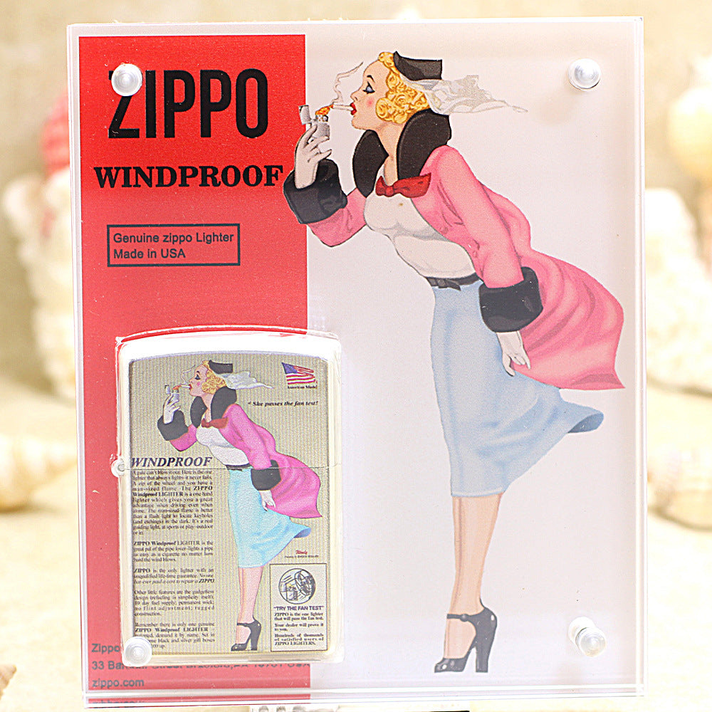 Zippo Silver Brushed Color Printed Pin-Up Girl in the Wind - CS29