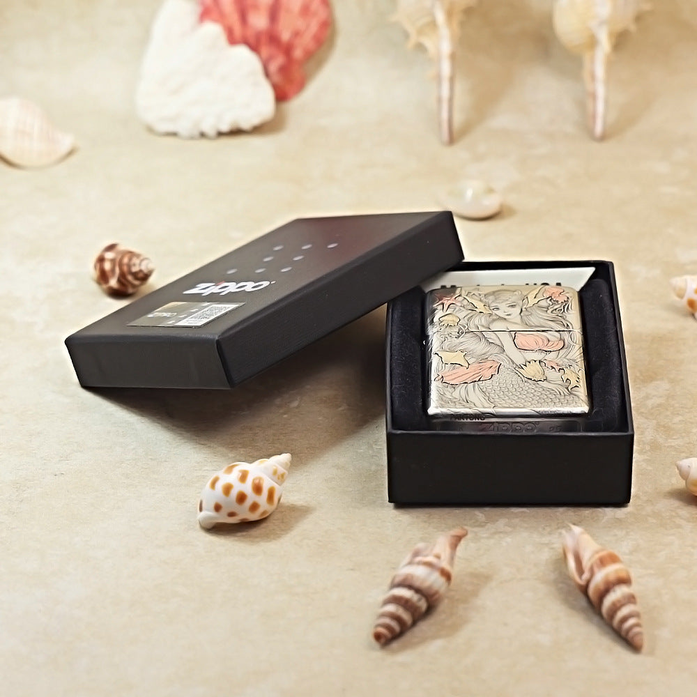 Zippo Argent Intricate Engraved Mermaid and Ocean Fantasy - CM09