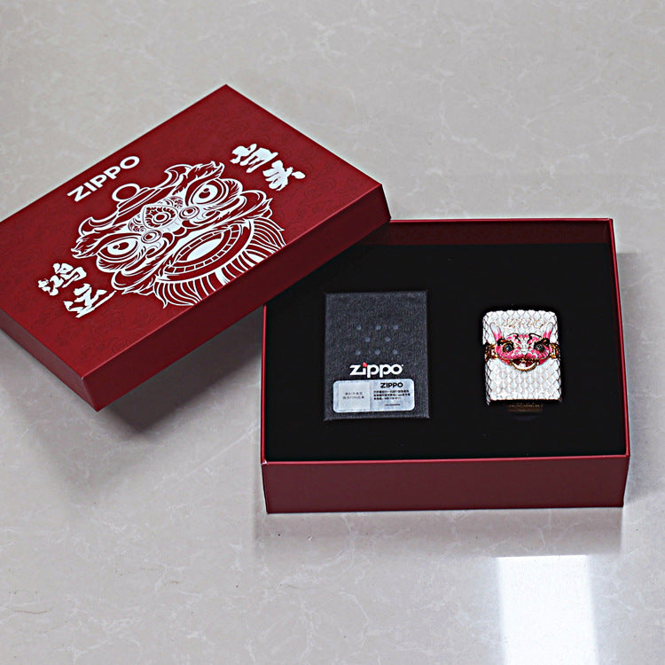 Zippo White Scale Enamel Case Set Pink Dragon Head - CM01