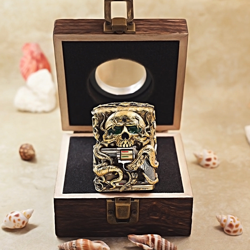 Zippo Antique Brass Nether Zorro Skull and Revolver Shell Case - CM74