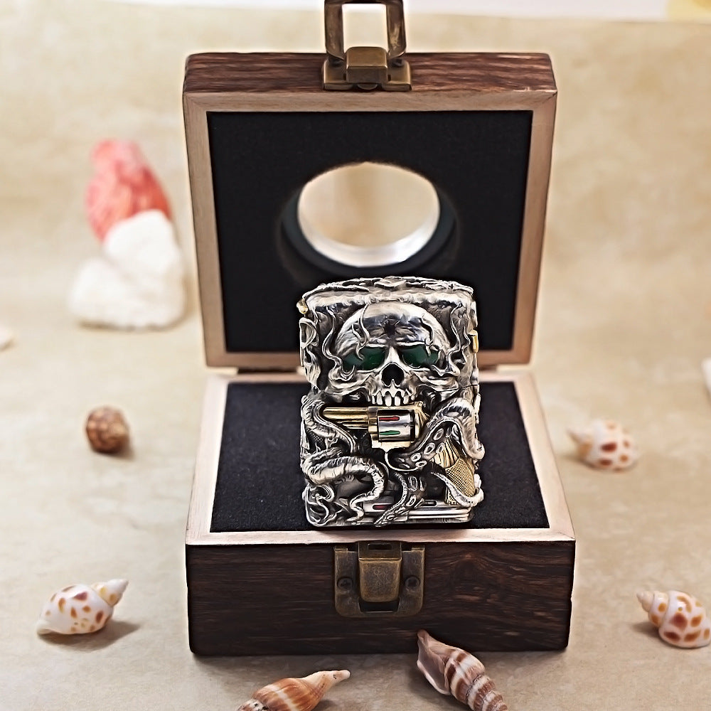 Zippo Antique Silver Nether Zorro Skull and Revolver Shell Case - CM75