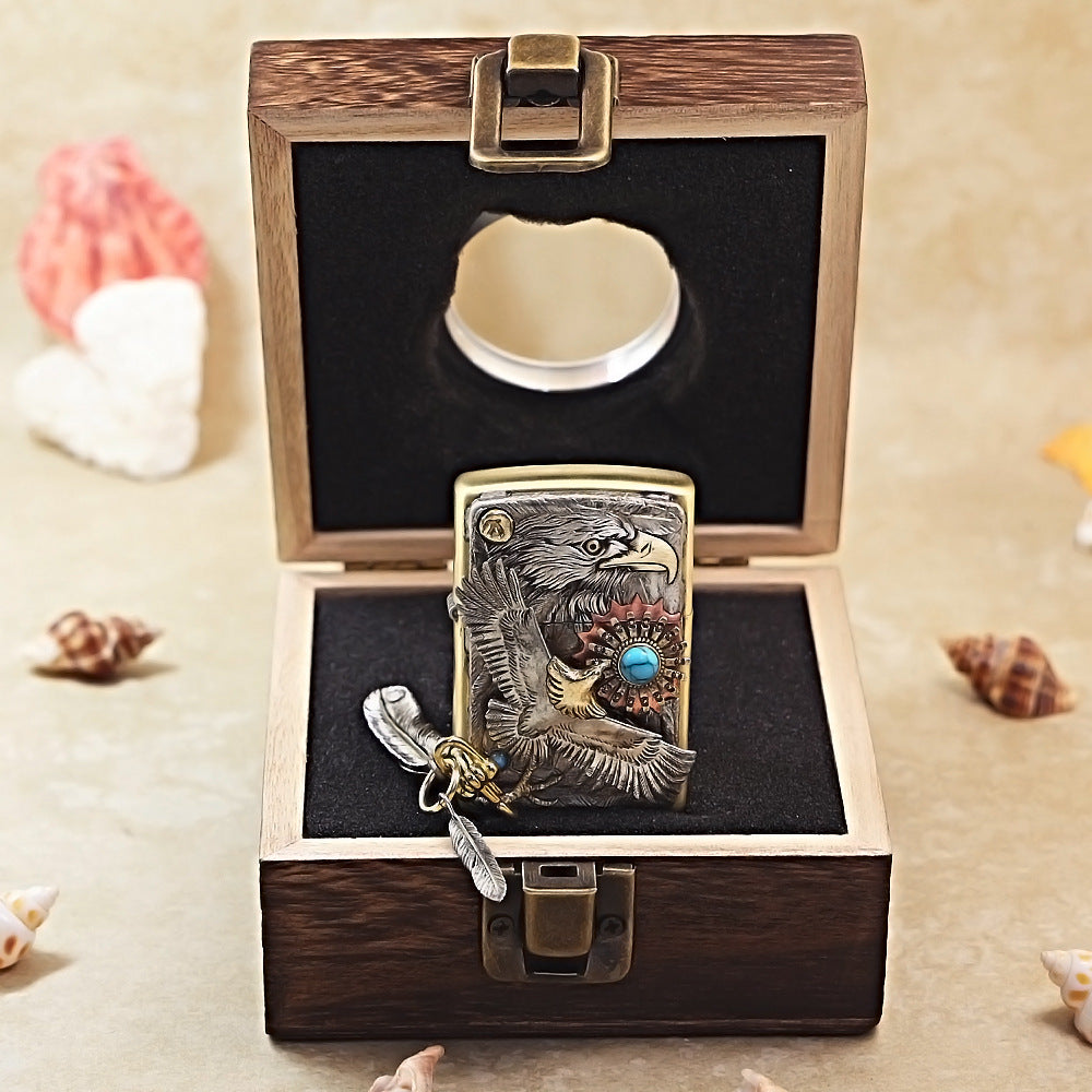 Zippo High-Polish Brass Blue Turquoise Eagle Sun Emblem Lighter - DS172