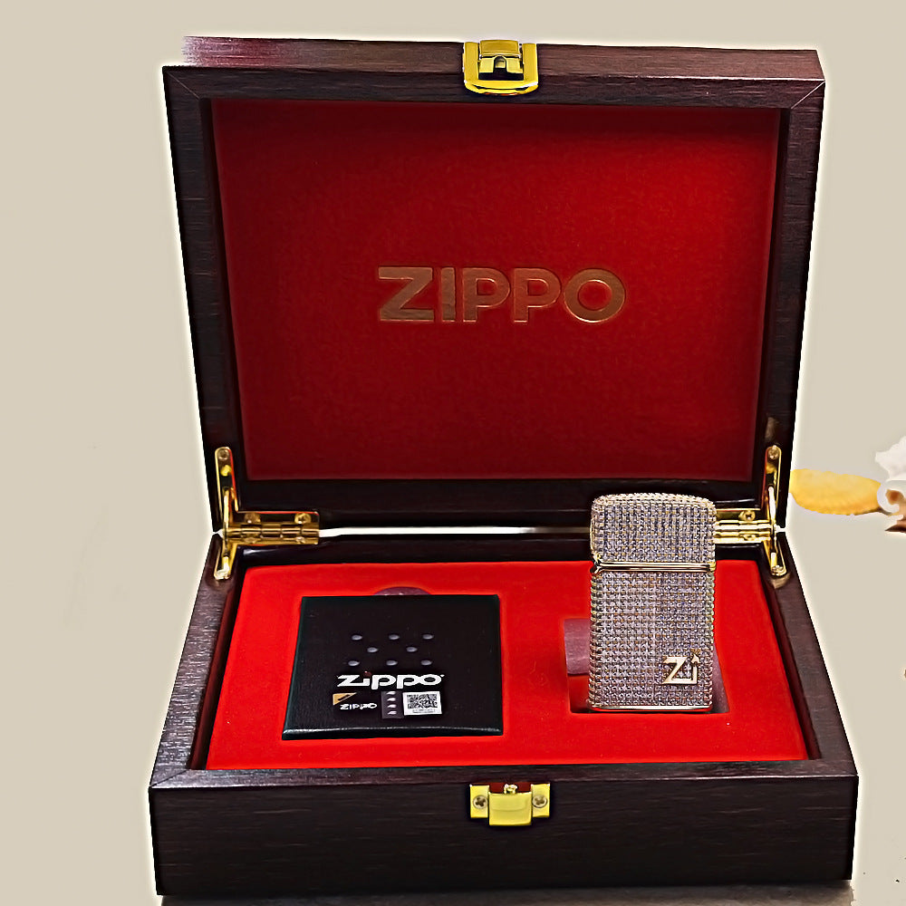 Zippo Slim Gold Full Crystal Pavé "Zi" Emblem Shell Lighter - CM100
