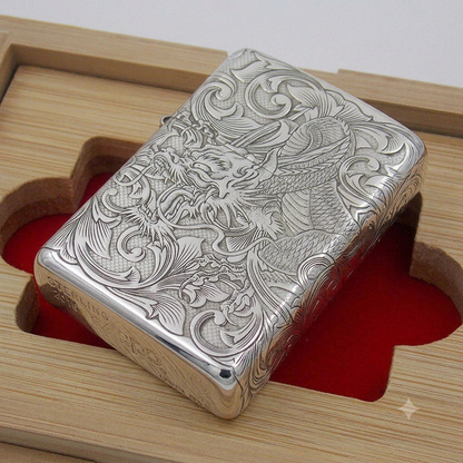 Zippo Armor Sterling Silver Lighter – Custom 5-Sided Deep Carved Dragon & Tang Grass