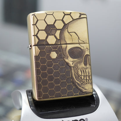 Zippo Antique Brass Deep Carved Honeycomb Half Skull - CC155