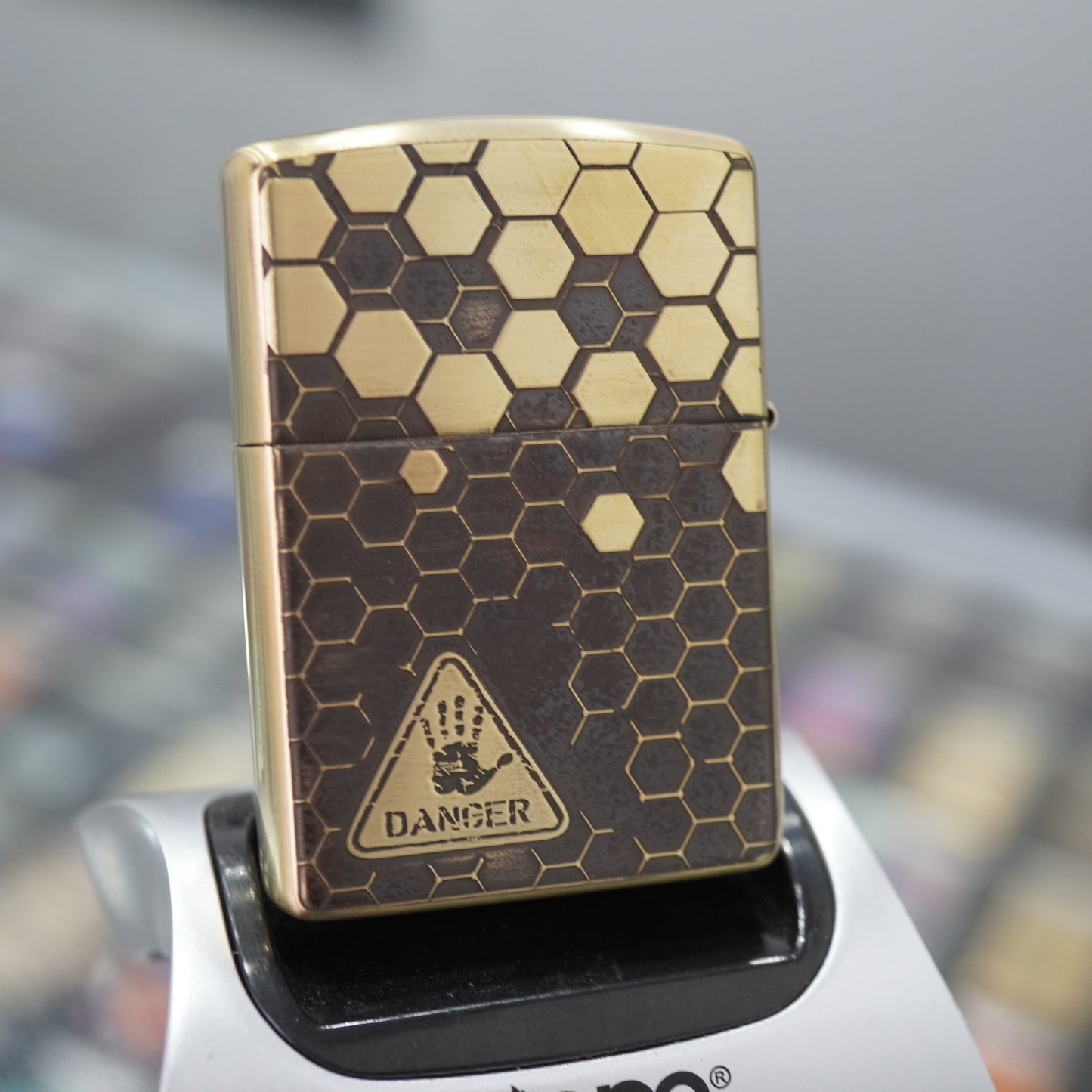 Zippo Antique Brass Deep Carved Honeycomb Half Skull - CC155