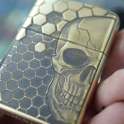 Zippo Antique Brass Deep Carved Honeycomb Half Skull - CC155