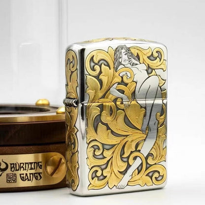 Zippo Armor Sterling Silver Hand-Engraved "Tang Grass Fairy" with 24K Gold