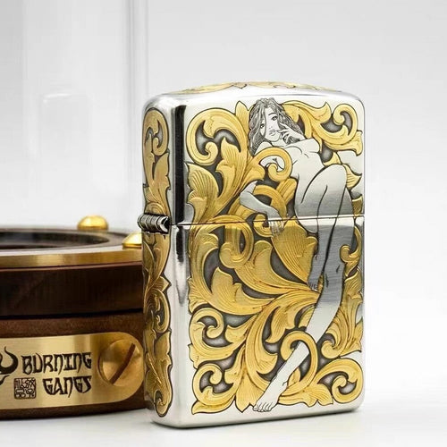 Zippo Armor Sterling Silver Hand-Engraved "Tang Grass Fairy" with 24K Gold
