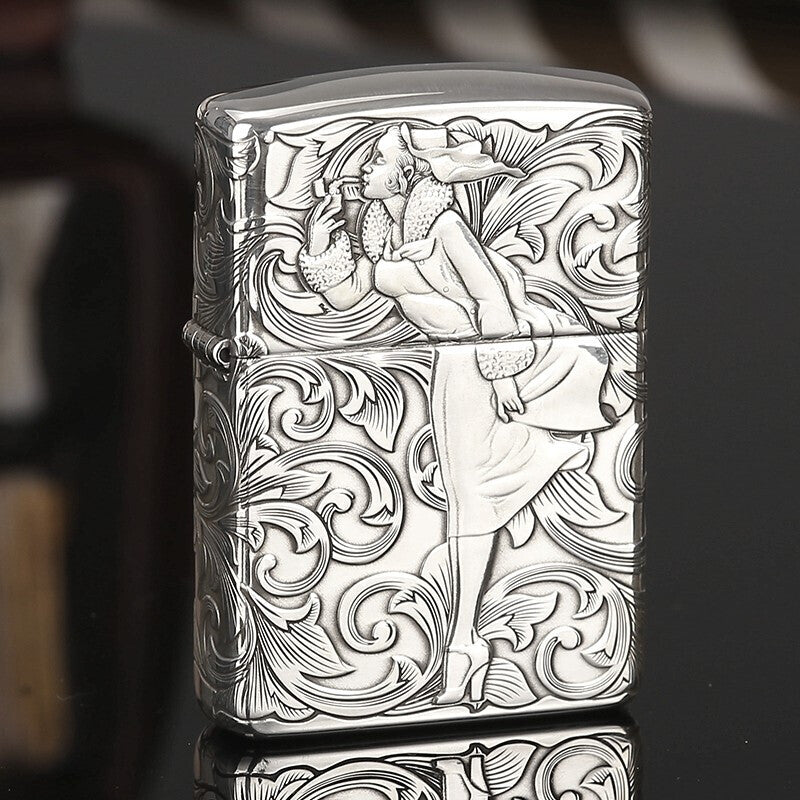 Zippo Armor Sterling Silver Lighter - Deep Carved Windy & Tanggrass Edition