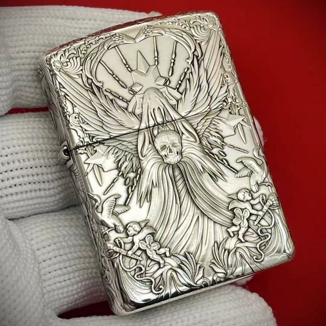 Zippo Armor Sterling Silver High-Relief 5-Side Engraved "Devil & Angel"