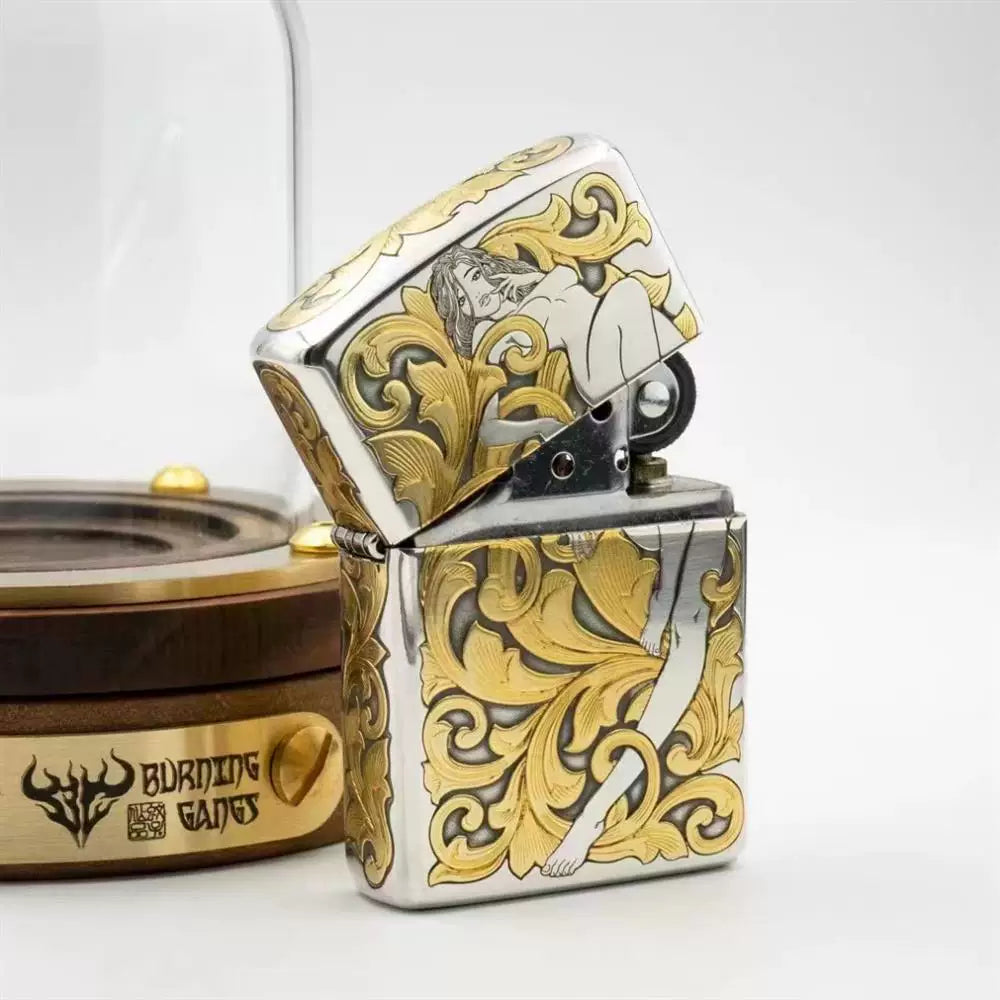 Zippo Armor Sterling Silver Hand-Engraved "Tang Grass Fairy" with 24K Gold