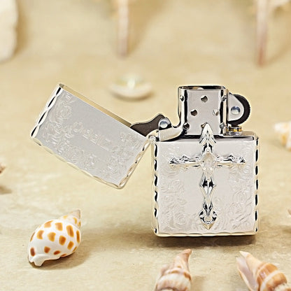 Zippo Silver-Plated with Rose & Compass Engraving and Cross Emblem DS191
