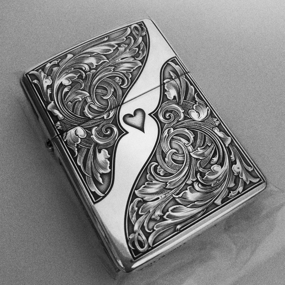 Zippo Armor Sterling Silver Zippo Lighter – Hand-Engraved "Two Hearts As One" Limited Edition