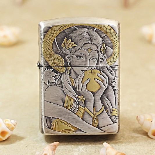 Zippo Antique Silver Two-Tone 3D Relief Snake & Forbidden Fruit 162-DS193