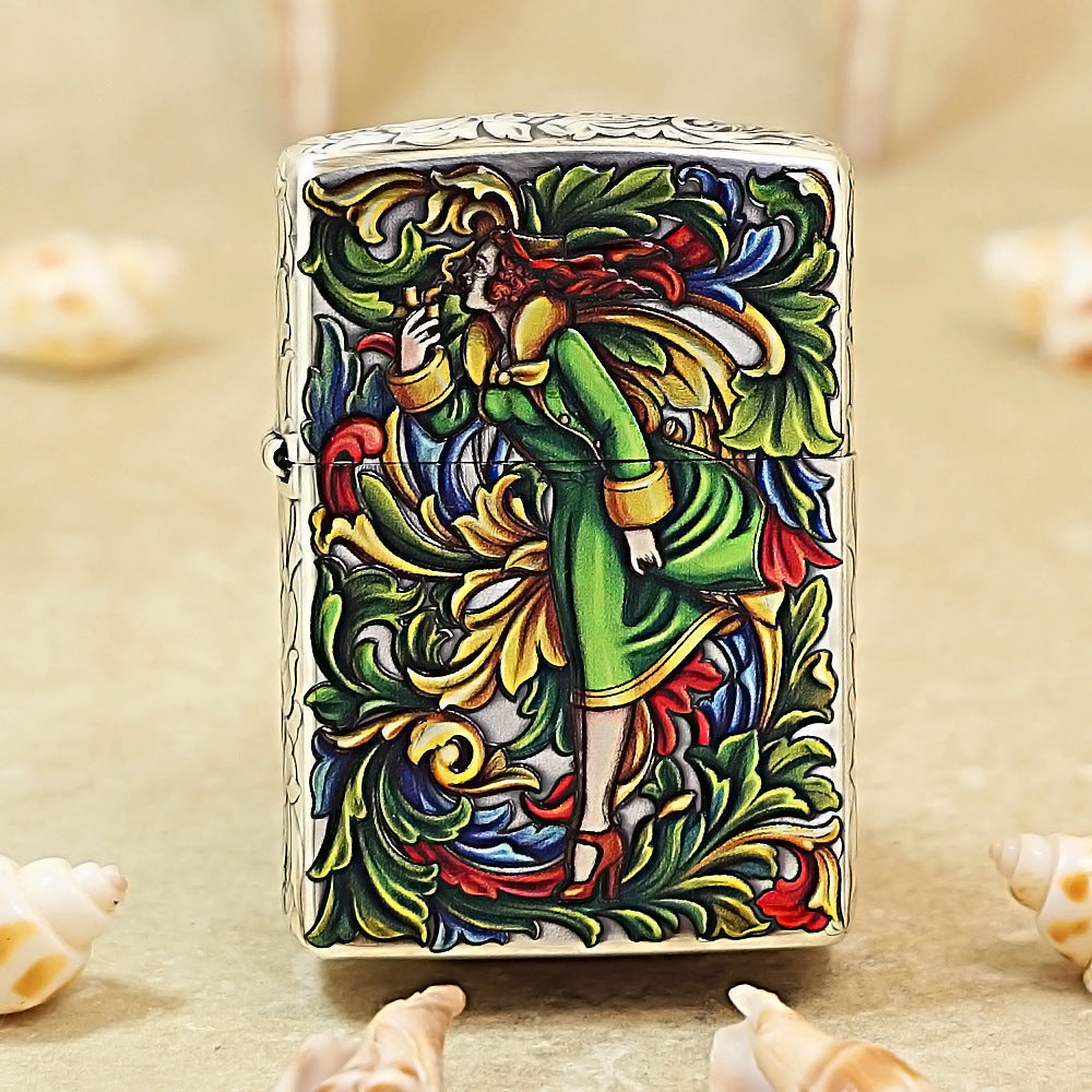 Zippo Armor Silver-Plated 3D Relief Lighter - Iconic "Windy Girl" Painted Edition 162-DS290