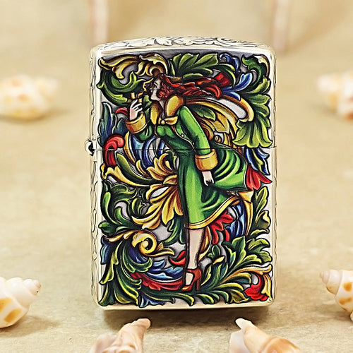 Zippo Armor Silver-Plated 3D Relief Lighter - Iconic "Windy Girl" Painted Edition 162-DS290