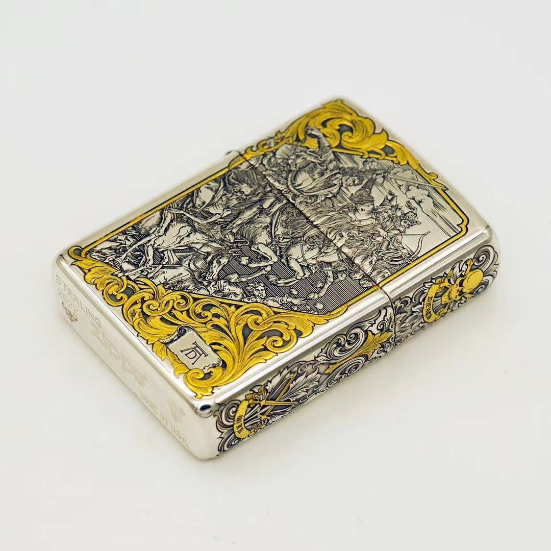 Zippo Armor Sterling Silver "Four Horsemen" Lighter – Deep Engraved with 24K Gold Inlay
