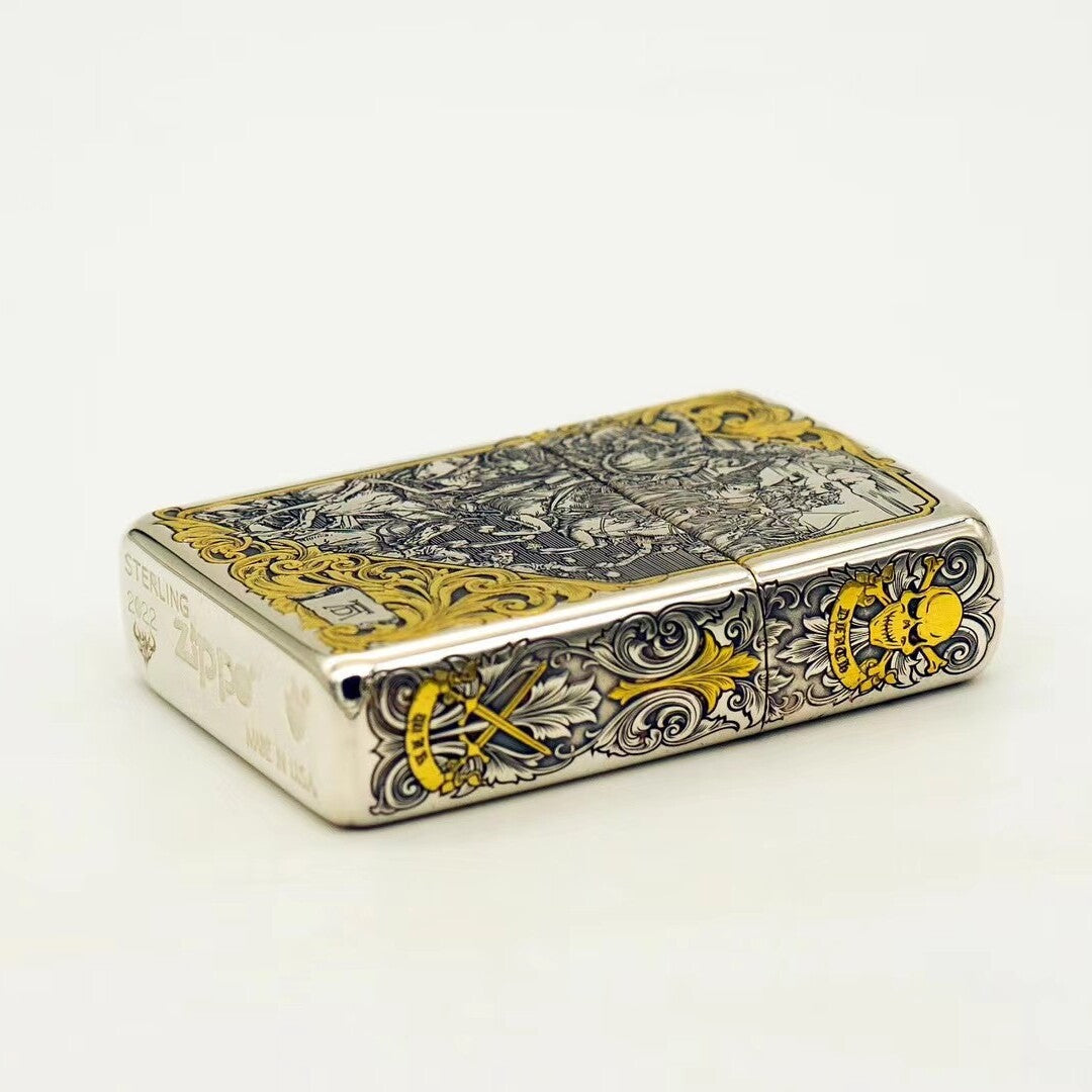 Zippo Armor Sterling Silver "Four Horsemen" Lighter – Deep Engraved with 24K Gold Inlay