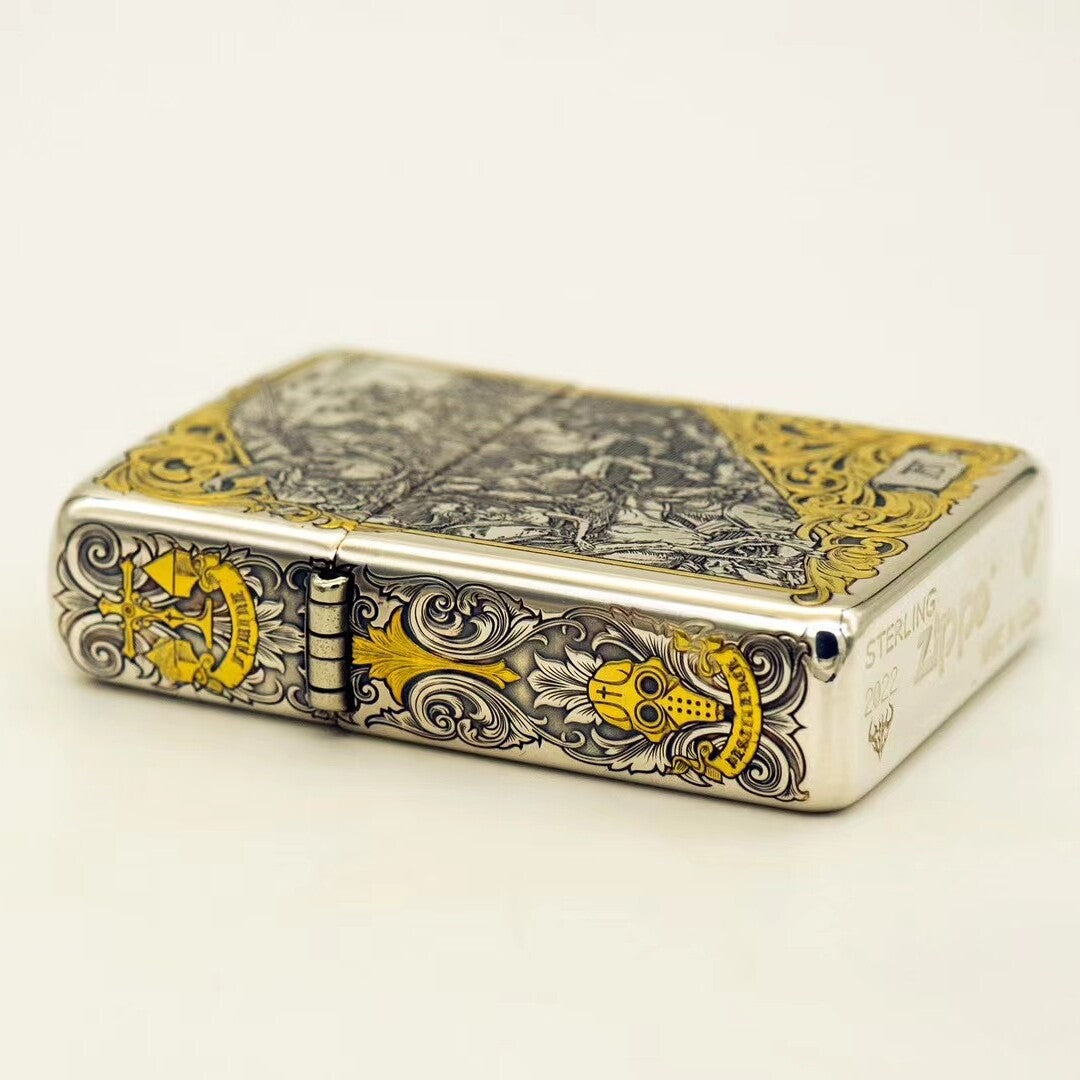 Zippo Armor Sterling Silver "Four Horsemen" Lighter – Deep Engraved with 24K Gold Inlay