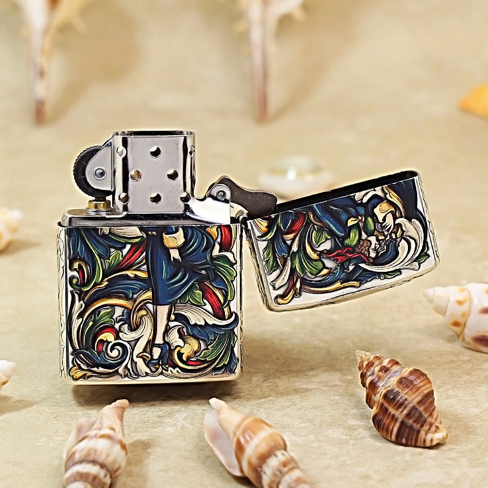 Zippo Armor Silver-Plated 3D Relief Lighter - Iconic "Windy Girl" Painted Edition 162-DS290