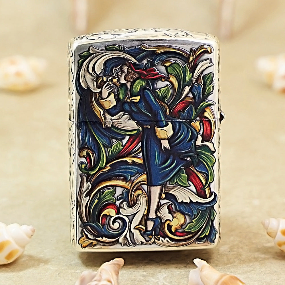 Zippo Armor Silver-Plated 3D Relief Lighter - Iconic "Windy Girl" Painted Edition 162-DS290