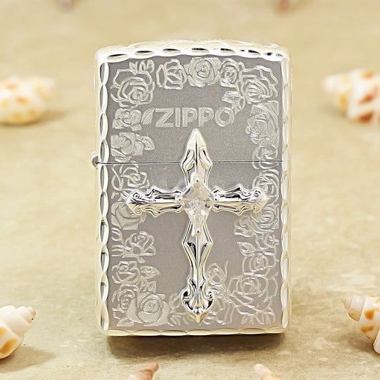 Zippo Silver-Plated with Rose & Compass Engraving and Cross Emblem DS191