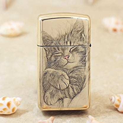 Zippo Armor Slim Fine Engraved Sleeping Cat DS369