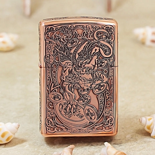Zippo Red Copper 3D Carved Pixiu Pattern 205-DS355