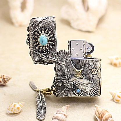 Zippo 3D Engraved Eagle Feathers & Turquoise 205-DS357