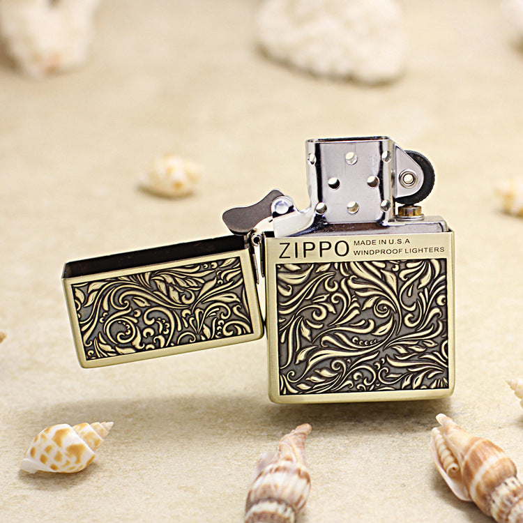 Zippo 1935 Flat Top Brass Deep Carved Arabesque Scroll - CC117