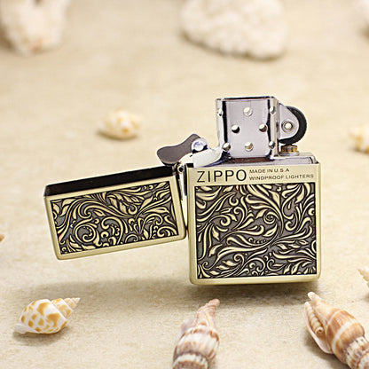 Zippo 1935 Flat Top Brass Deep Carved Arabesque Scroll - CC117