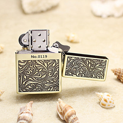 Zippo 1935 Flat Top Brass Deep Carved Arabesque Scroll - CC117